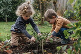 Fototapeta Miasta - children planting tree in a forest