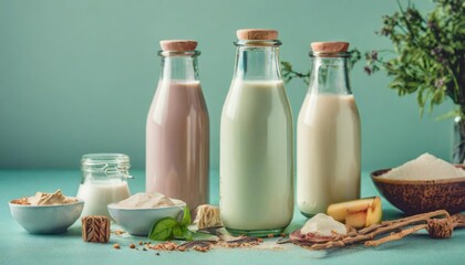 Sticker - non dairy plant based milk in bottles and ingredients on turquoise background generated