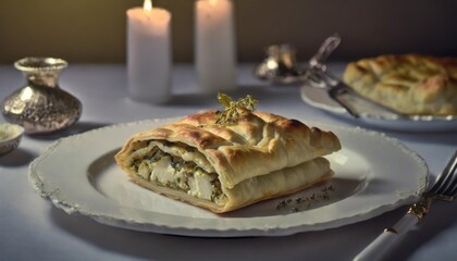 Sticker - greek pie spanakopita on the white plate with blurred accessorizes horizontal