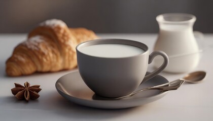 Wall Mural - cup of milk with croissant isolated on white background