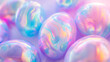 Lots of colorful vivid holographic neon Easter eggs are laid full of the entire area of image on a gradient pastel background. Purple color tone.