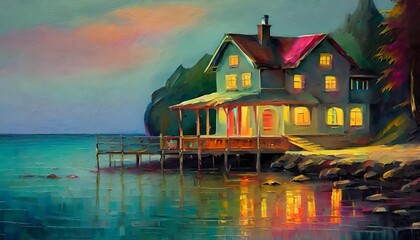 oil painting house near sea