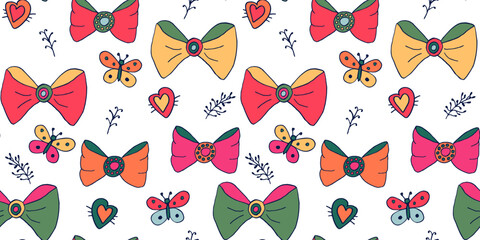 Color seamless pattern of bows, hearts and butterflies on white background. Flying insects, background for wrapping paper, notebook and album covers. Children's wallpaper in cartoon style.