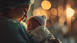 © Margo_Alexa - A soft-focus shot captures a serene moment as a medical worker cradles a newborn in a hat.Newborn's First Gentle Embrace.