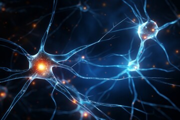 Wall Mural - neuron cells neural network under microscope neuro research science brain signal information transfe