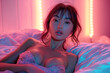 © alexkoral - young asian woman girl with a sexy body in bra lying at night on a bed with a neon light in the bedroom