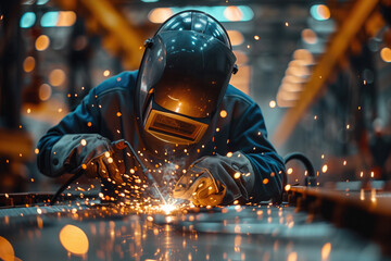 A welder intensely focused on welding metal with sparks flying around in an industrial environment.