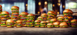 Burger on wooden table in restaurant. Hamburgers in fast food restaurant. Burger background. Superset of delicious juicy beef burgers and Hamburger. Big Juicy delicious burgers in fastfood restaurant