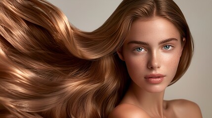 Wall Mural - A close-up portrait of a beautiful woman with long shiny hair.