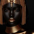 Black woman with golden jewelry with golden make-up on black background