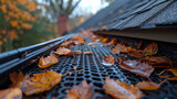 Fototapeta  - The roof gutter became clogged with leaves and debris, causing damage to the plastic leaf screen and gutter guard. Clogged roof gutters, copy space