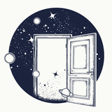 Fototapeta Młodzieżowe - Open door in universe. Symbol of imagination, dreams, creative idea, motivation, new life. Creative t-shirt design concept