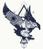 Fototapeta Młodzieżowe - Eagle double exposure tattoo. Sacred geometry art. Flying hawk, mountains and compass. Symbol of the wild nature, adventure, travel, outdoor and freedom. Creative t-shirt design concept
