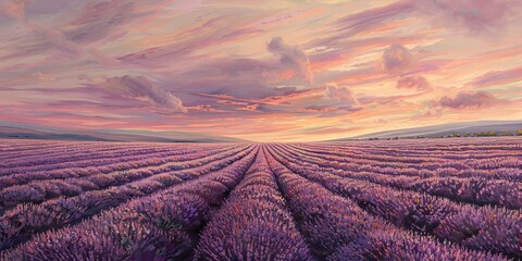 Poster - A vast lavender field under a pastel sky, the horizon curved with the gentle swell of the earth