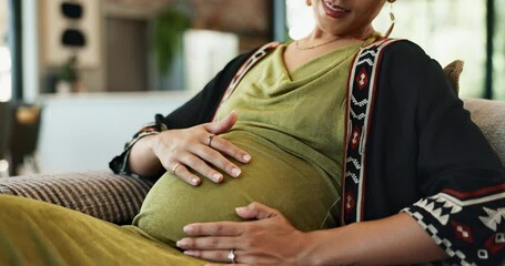 Wall Mural - Pregnant woman, touch and love for stomach on sofa and happy with maternity support or prenatal care. Mother, smile and connect with fetus with gratitude, pregnancy and bonding with baby in apartment