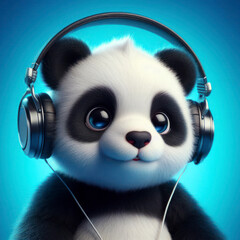 panda wearing headphones over blue bright background. ai generative