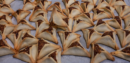 Hamantaschen cookies at the bakery for Purim celebration.