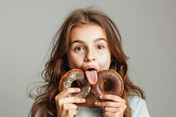 A girl is holding two donuts and making a tongue out