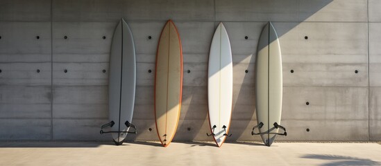 Rack with two surf boards on gray concrete background with beautiful day sun light