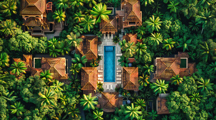 Wall Mural - Aerial View of a Tropical Resort with Palm Trees, Pool, and Ocean Beach