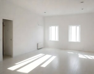 2. Home interior design of a room with white rooms and sun-lit windows as empty. 