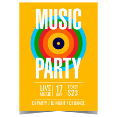 Wall Mural - Music party poster or banner template. Vector leaflet or brochure with colourful circles on a yellow background. Invitation flyer for disco dance musical event, concert, festival or show at nightclub.