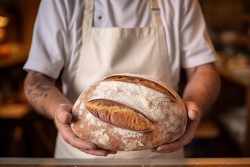 Wall Mural - Experienced baker holding dark warm bread bakery fresh homemade wheat cake professional man kitchen work rustic business cafe coffee shop store owner tasty baked goods flour grain secret ingredient