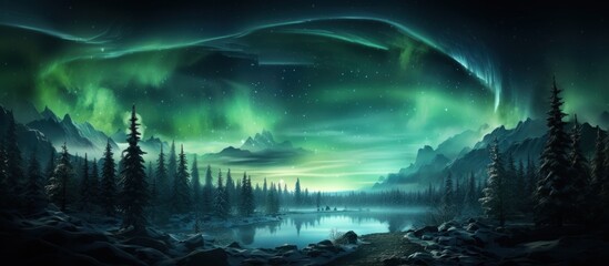 Aurora borealis over the frosty forest