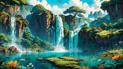 Wall Mural - In a hidden valley, a crystal waterfall flows down a steep cliff, creating a beautiful view among untouched wild bushes, anime art 