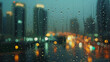 Sunset Showers: A Cityscape in the Window