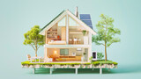 Fototapeta Panele - sustainable modern house building with solar panels and heat pump illustration