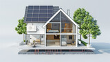 Fototapeta  - sustainable modern house building with solar panels and heat pump illustration