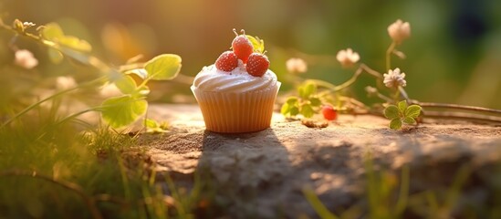 illustration of a cake with soft cream and beautiful fresh fruit decoration on a garden background