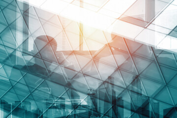 Wall Mural - double exposure image of faded business abstract background with office building and people conferen