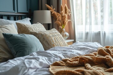 cozy bedroom setup: soft pillow bedding in modern apartment interior