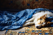 A Dog Sleeping Near A Blanket On The Floor