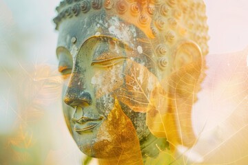 Magha Asanha Visakha Puja Day , Buddha statue , bodhi leaf with double exposure and len flared , soft image and soft focus style - generative ai