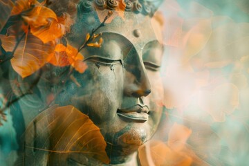 Magha Asanha Visakha Puja Day , Buddha statue , bodhi leaf with double exposure and len flared , soft image and soft focus style - generative ai