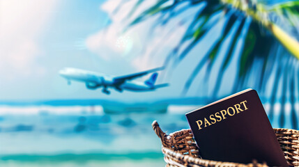 passport against the background of an airplane flying in the sky. air travel, tourism and travel con