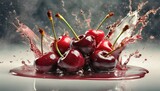sweet cherries in juice splash isolated on a white background