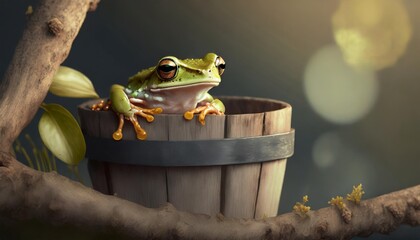 pretty tree frog frog in a wooden bucket frog on a branch