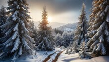 Winter Landscape In Fir Tree Forest Covered Snow And Sun Shines Through Snow Covered Spruce Carpathian Mountains
