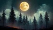 full moon over the spruce trees of magic mystery night forest halloween backdrop