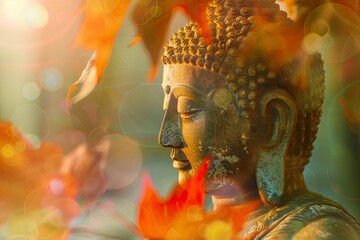 Magha Asanha Visakha Puja Day , Buddha statue , bodhi leaf with double exposure and len flared , soft image and soft focus style - generative ai