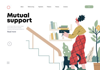 Wall Mural - Mutual Support: Book Swap -modern flat vector concept illustration of a woman leaving books on a shelf in hallway for neighbors A metaphor of voluntary, collaborative exchanges of resource, services