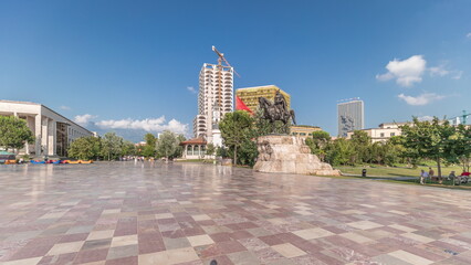 Wall Mural - Panorama showing the Skanderbeg memorial and Ethem Bey mosque on the main square in Tirana timelapse, Albania