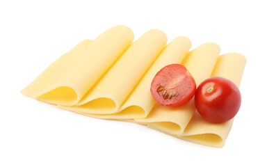 Slices of tasty fresh cheese and tomatoes isolated on white