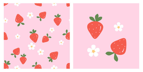 Sticker - Seamless pattern with strawberry and cute flower on pink background. Strawberry and white flower icons set vector. 