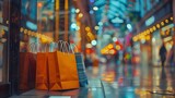 Fototapeta Przestrzenne - Shopping bags by a store entrance on vibrant city street, evening retail therapy, consumerism and lifestyle concept
