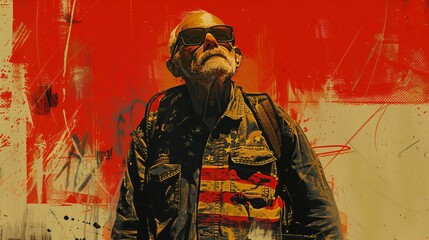 Grizzled veteran in sunglasses against red backdrop, military service pride, veteran's gritty resilience, stylized portrait
